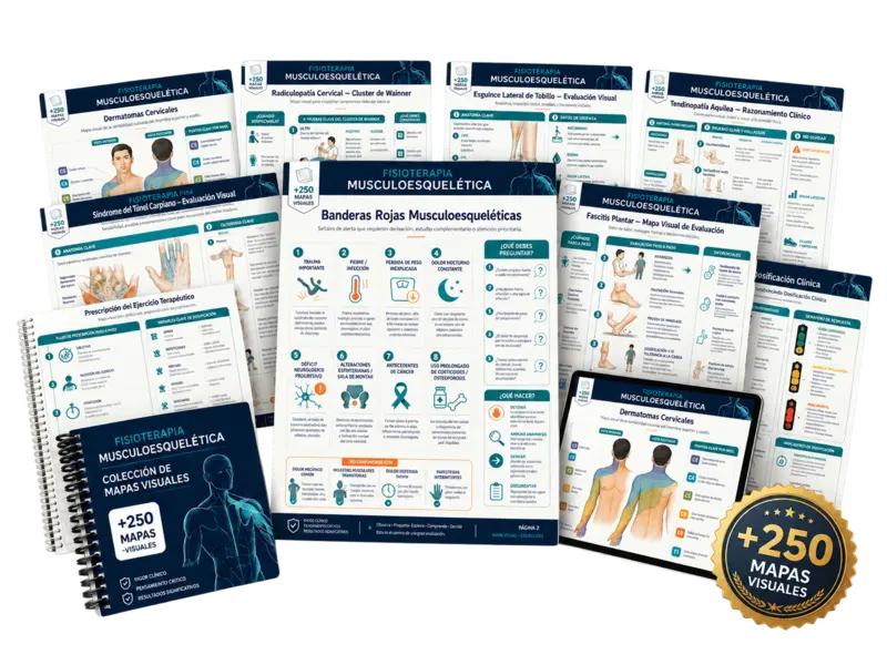 +250 mapas visuales de fisioterapia musculoesquelética — colección de hojas clínicas, tablet y sello de garantía